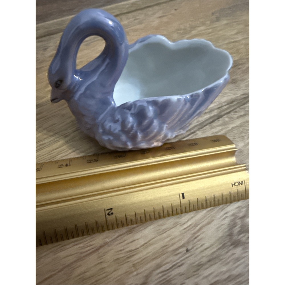 Vintage Purple Iridescent Ceramic Swan Figurine Japan Trinket Dish 2.5"
